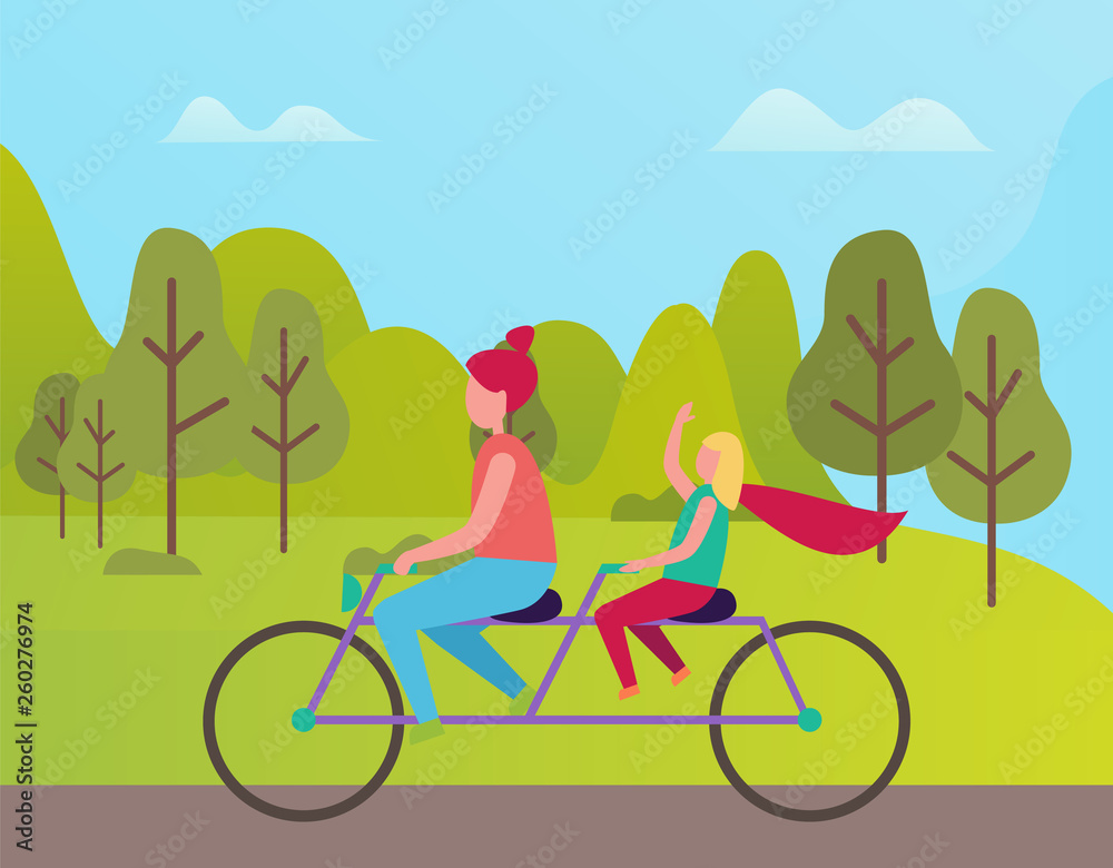 Mother and daughter riding on double bike. Family woman and girl on bicycle in park with green trees and bushes, tandem travel of cyclists, vector cartoon people