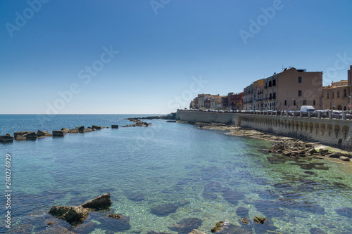 Coast of Ortigia island at city of Syracuse, Sicily, Italy. 