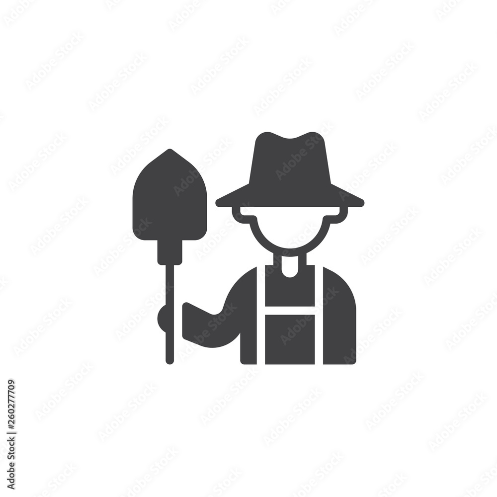 Farmer with shovel vector icon. filled flat sign for mobile concept and web design. Gardener with spade glyph icon. Agriculture, Farming and Gardening symbol, logo illustration. Pixel perfect vector