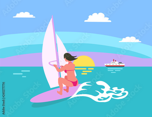 Summer background, sun and windsurfing woman, female surfing, waves and sunset, ship vector. Person on board wearing swimsuit, surforboarder on vocation