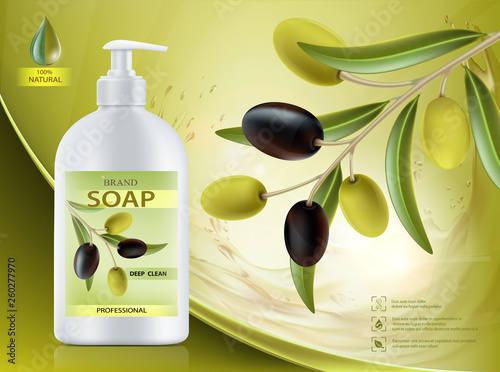 Hygienic soap dispenser with olive oil. Natural product.