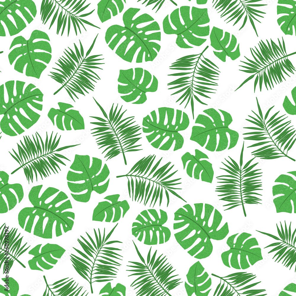 Tropical seamless pattern with palm and monstera leaves.