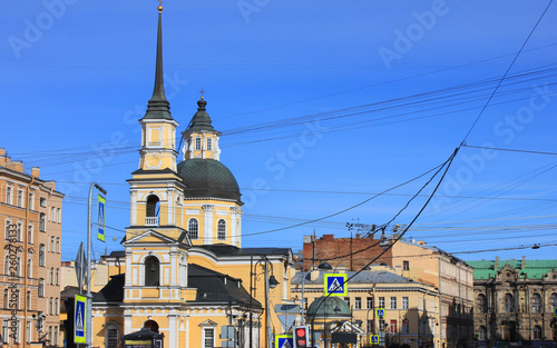 St. Petersburg cityscape architecture with old historic houses and church of Holy Righteous Simeon and Anna in Saint Petersburg, Russia 