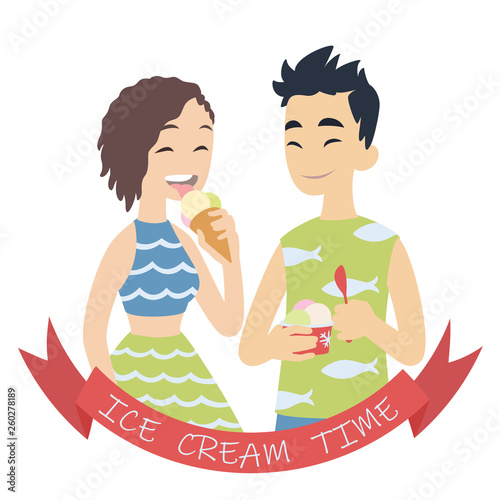 Couple with ice cream. Vector illustration of multicultural pair on white background. Asian boy with hand-packed portion of ice cream and european girl licking ice cream in cone. Flat cartoon style.