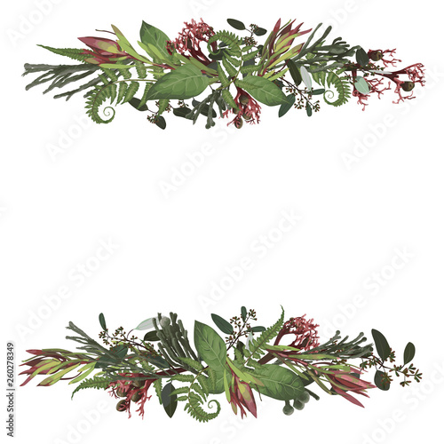 Set of arc, wreath. Greenery and leaves, branches, brunia, blooming eucalyptus, leucadendron, gaultheria, salal, jatropha.  Floral pastel style border.All elements and editable