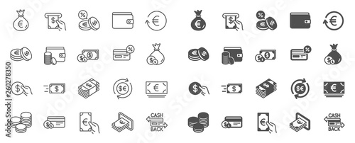 Money wallet line icons. Set of Credit card, Cash and Coins icons. Banking, Currency exchange and Cashback service. Wallet, Euro and Dollar money, credit card. Cash exchange, bank payment. Vector