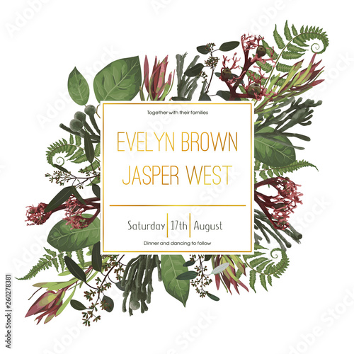 Plants, leaves, branches, brunia, blooming eucalyptus, leucadendron, gaultheria, salal, jatropha vector design frame.Wedding, watercolor seasonal flower card.Floral round composition.Editable