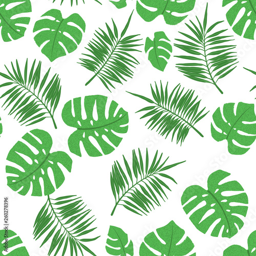 Fototapeta Naklejka Na Ścianę i Meble -  Tropical seamless pattern with palm and monstera leaves.