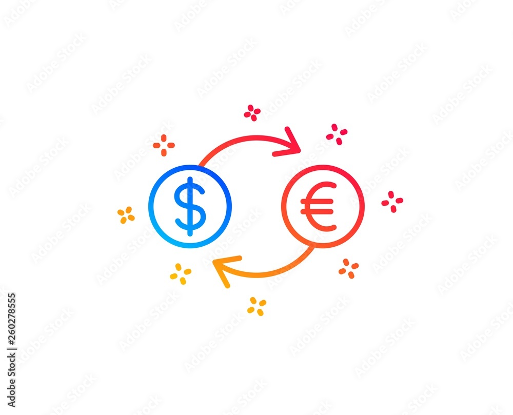 Money exchange line icon. Banking currency sign. Euro and Dollar Cash transfer symbol. Gradient design elements. Linear currency exchange icon. Random shapes. Vector