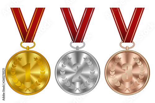 Medals, winner awards. Golden, silver and bronze sports medal with red ribbon. Vector illustration.