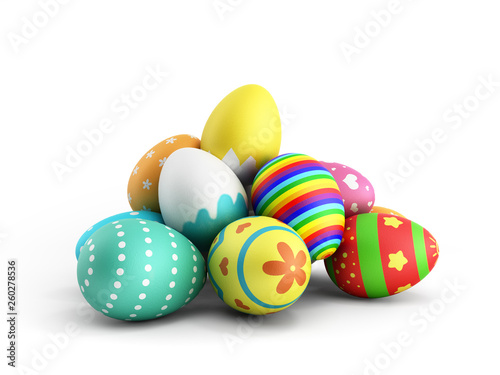 Perfect colorful handmade easter eggs 3d render on a white