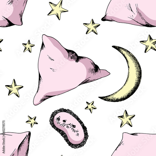 Good night, slumber background, seamless sleepy pattern, universal backdrop