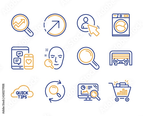 User, Social media and Research icons simple set. Quick tips, Washing machine and Direction signs. Search, Face search and Seo analytics symbols. Parking garage, Analytics and Seo shopping. Vector