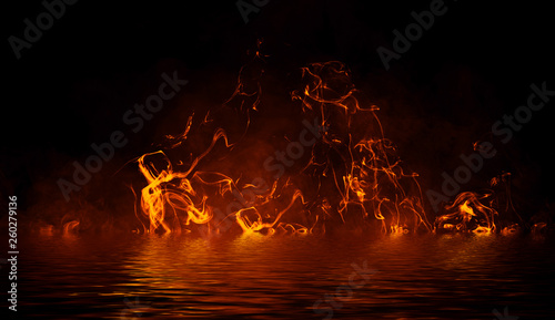 Texture of fire with reflection in water. Flames on isolated black background. Texture for banner card .