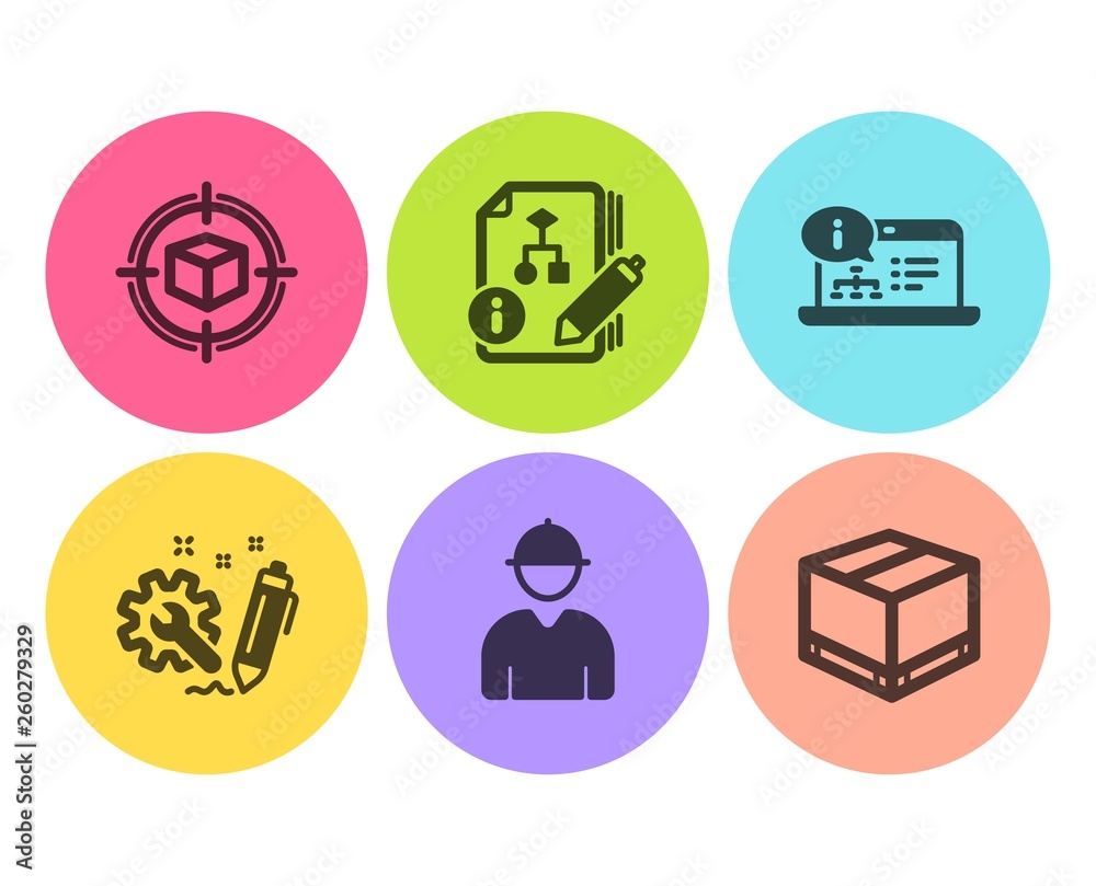 Algorithm, Engineering and Engineer icons simple set. Parcel tracking, Online documentation and Delivery box signs. Project, Construction. Industrial set. Flat algorithm icon. Circle button. Vector Algorithm, Engineering and Engineer icons simple set. Parcel tracking, Online documentation and Delivery box signs. Project, Construction. Industrial set. Flat algorithm icon. Circle button. Vector