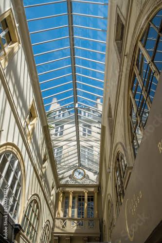 PARIS, FRANCE - APRIL 18, 2018 Panorama of the Roof glass arches of the Passage Choiseul in Paris photo