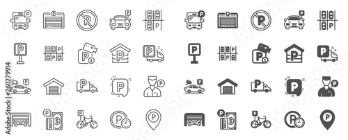 Parking line icons. Car garage, Valet servant and Paid transport parking icons. Video monitoring, Bike or Car park and Truck or Bus transport garage. Money payment, Map pointer and Free park. Vector