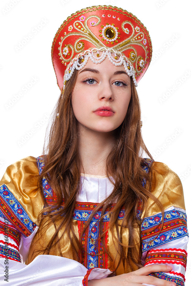 Traditional Russian folk costume, portrait of a young beautiful girl