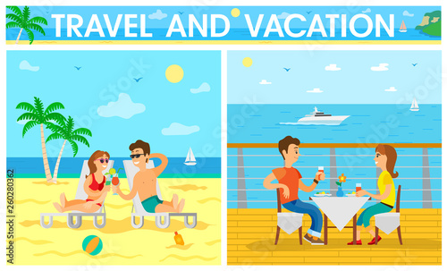 People spending time by seaside relaxing together vector. Sunshine on beach, seaside and seascape, summer vacation holidays of couple, romantic dinner