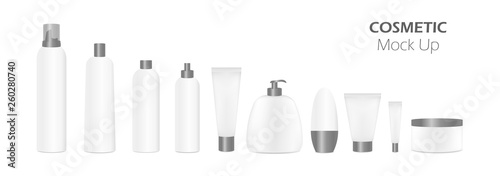 Cosmetic tubes mockup. Realistic cosmetic tubes and bottles with gold caps.