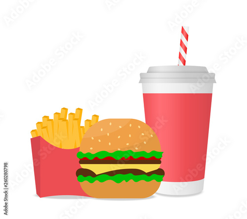 Fast food. French fries, hamburger and cola.