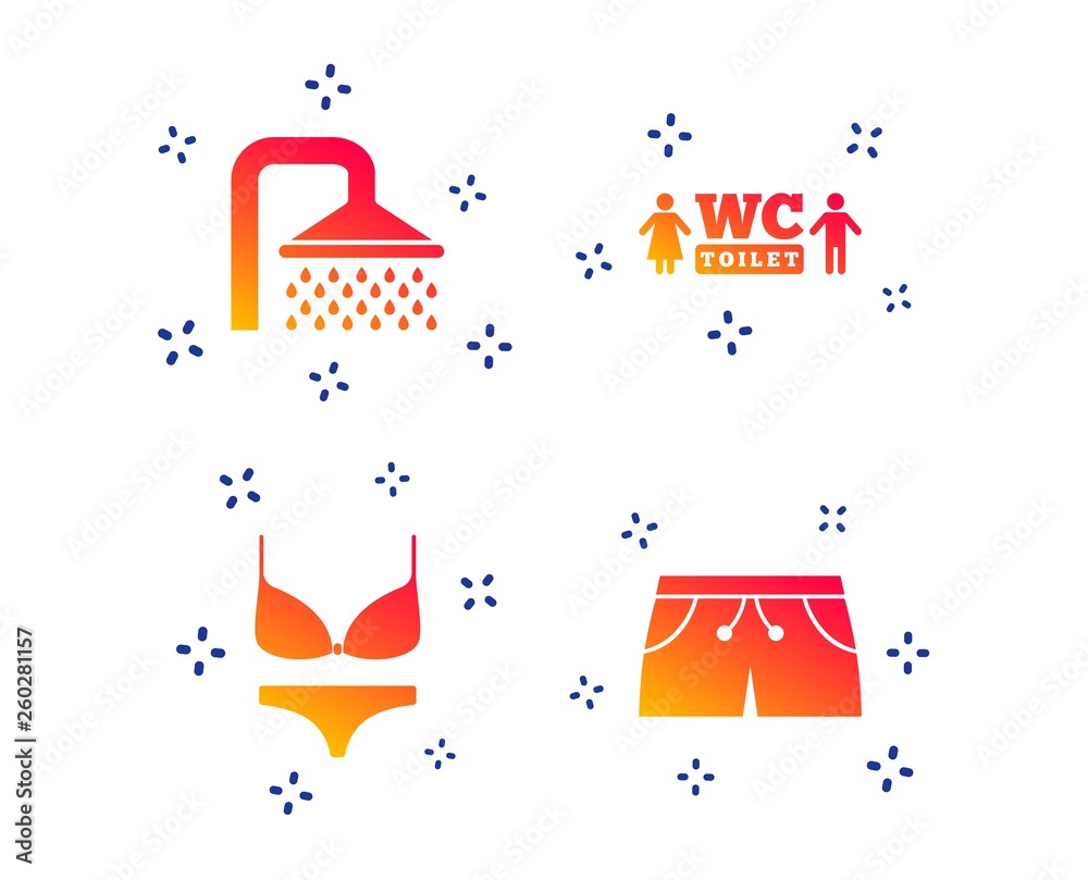 Swimming pool icons. Shower water drops and swimwear symbols. WC Toilet sign. Trunks and women underwear. Random dynamic shapes. Gradient shower icon. Vector