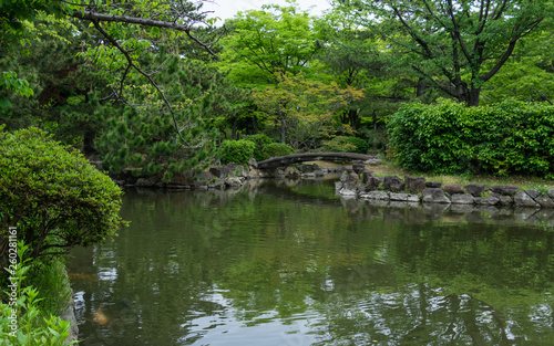 Himeji Castle Garden, japanese Garden, with bridge, koys, water and flora. Himeji, Hyogo, Japan, Asia.