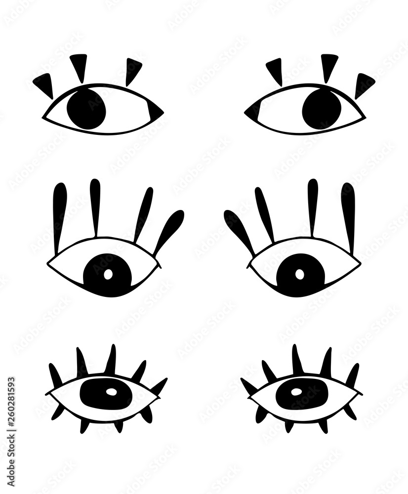 Set of cute cartoon eyes in abstract style. Black graphic drawnig of eyeballs with eyelashes on white background. Trendy modern poster.