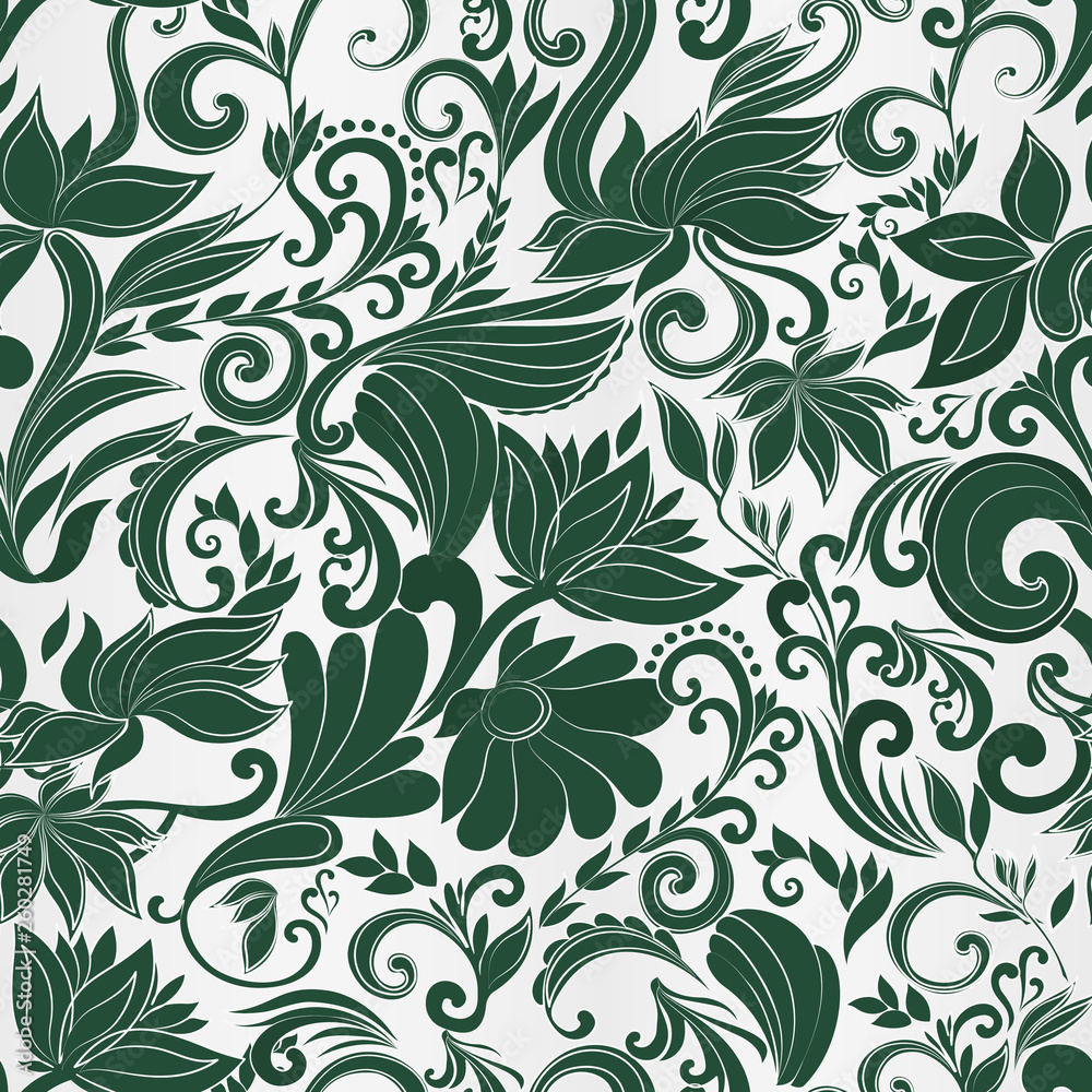 Seamless vector pattern with flowers in dark green colors on a light background