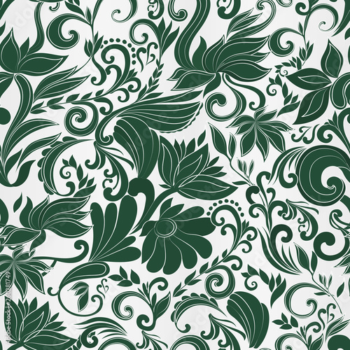 Seamless vector pattern with flowers in dark green colors on a light background