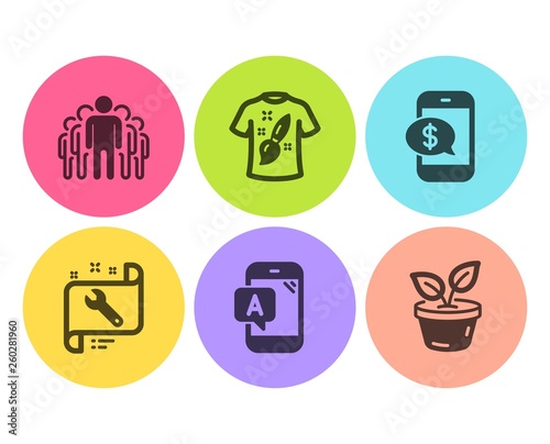 Ab testing, Phone payment and Spanner icons simple set. T-shirt design, Group and Leaves signs. Phone test, Mobile pay. Flat ab testing icon. Circle button. Vector