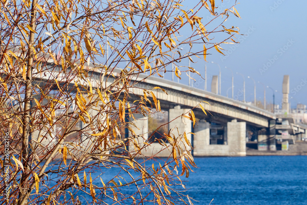 Obraz premium Autumn day in Arkhangelsk. View of the river Northern Dvina and automobile bridge in Arkhangelsk.