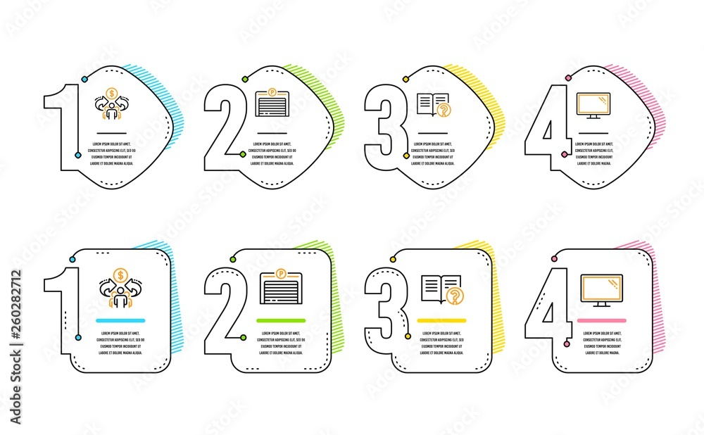 Sharing economy, Parking garage and Help icons simple set. Monitor sign. Share, Automatic door, Documentation. Computer component. Technology set. Infographic timeline. Line sharing economy icon Sharing economy, Parking garage and Help icons simple set. Monitor sign. Share, Automatic door, Documentation. Computer component. Technology set. Infographic timeline. Line sharing economy icon