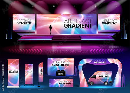 A pack of 3D event design medias in vector format, with a sample of graphic template in RGB color. It is suitable for event design, event planing, concert, seminar, etc.