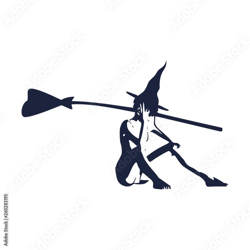 Illustration of standing young witch icon. Witch silhouette with a broomstick. Halloween relative image