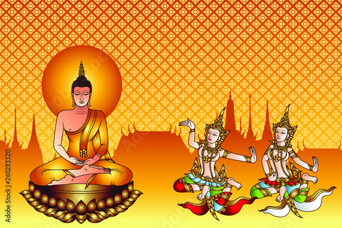 Buddha on lotus and twin angel and temple with golden pattern background