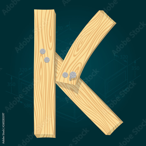 Font from wooden boards, letter K