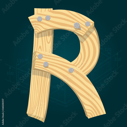 Font from wooden boards, letter R