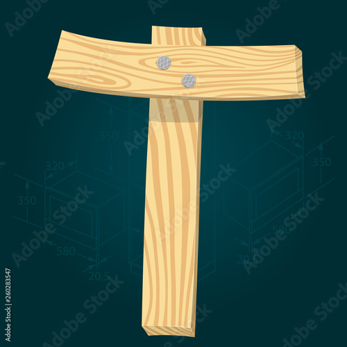 Font from wooden boards, letter T