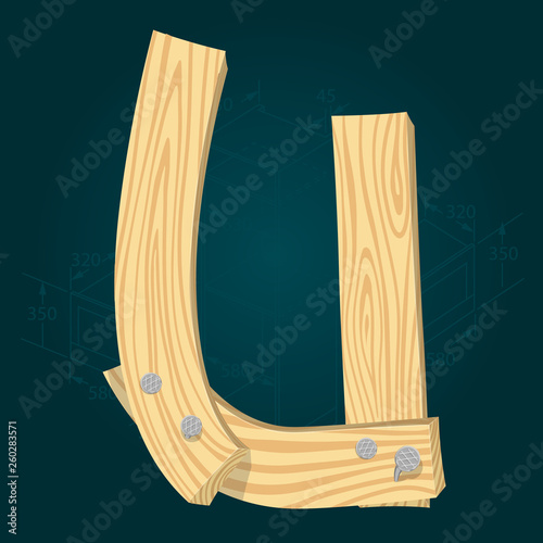 Font from wooden boards, letter U