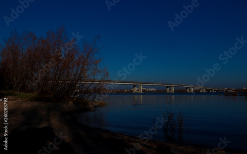 Autumn day in Arkhangelsk. View of the river Northern Dvina and automobile bridge in Arkhangelsk.