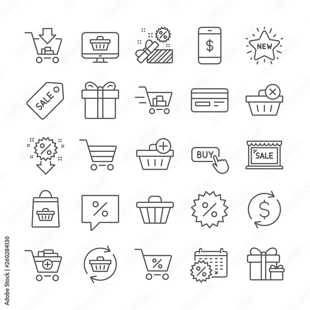 Shopping line icons. Present coupon, Gift box and Sale offer tag signs. Shopping cart, surprise gift and Delivery symbols. Speech bubble, Discount tag coupon , Credit card. Online sale. Vector