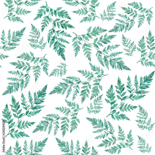 Watercolor floral pattern foliage natural branches, green leaves, herbs, tropical plant hand drawn watercolor illustration, fresh beauty rustic eco friendly white background