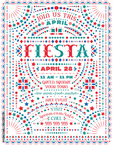 Fiesta celebration announce poster template with Mexican national decorative elements.