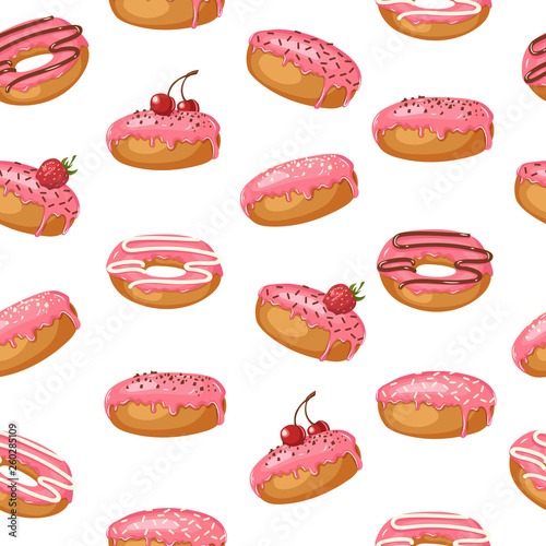 Vector Sweet seamless background  with pink glazed donuts with berries, cherry, strawberry and powder. Pattern can be used for wallpaper, web page, surface textures, package. Food design