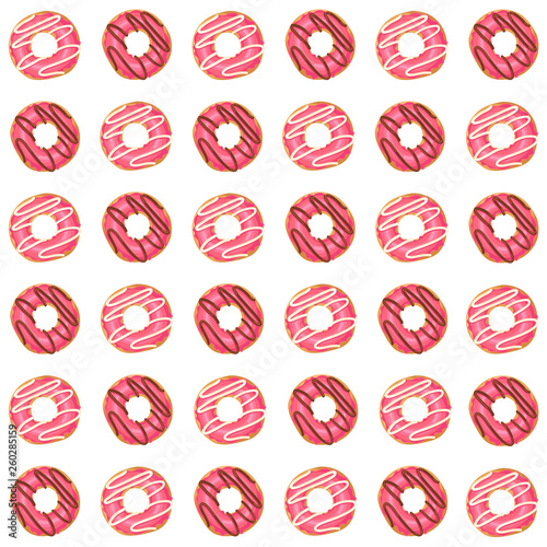 Seamless vector pattern with glazed pink donuts isolated on white. Sweet Pattern can be used for wallpaper, web page, surface textures, package. Food design