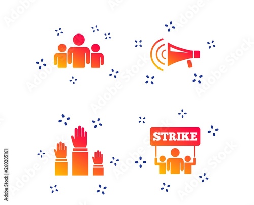 Strike group of people icon. Megaphone loudspeaker sign. Election or voting symbol. Hands raised up. Random dynamic shapes. Gradient megaphone icon. Vector