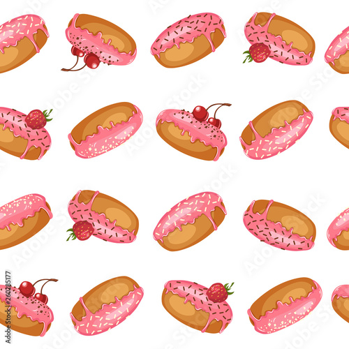 Vector Sweet seamless background  with pink glazed donuts with berries, cherry, strawberry and powder. Pattern can be used for wallpaper, web page, surface textures, package. Food design