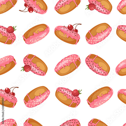 Vector Sweet seamless background  with pink glazed donuts with berries, cherry, strawberry and powder. Pattern can be used for wallpaper, web page, surface textures, package. Food design