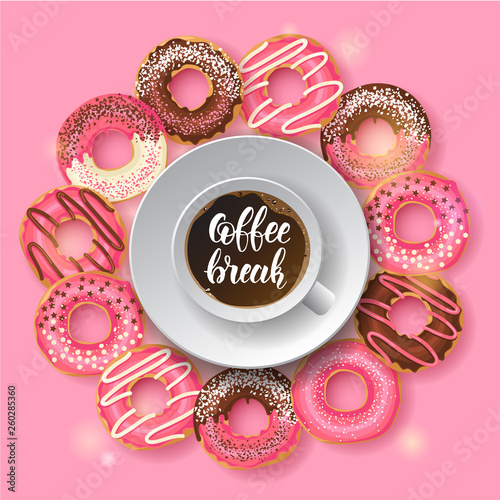 Sweet Bakery background Frame with glazed donuts and cup of coffee on pink. Hand made lettering "Coffee break". Desert for menu. Food design.